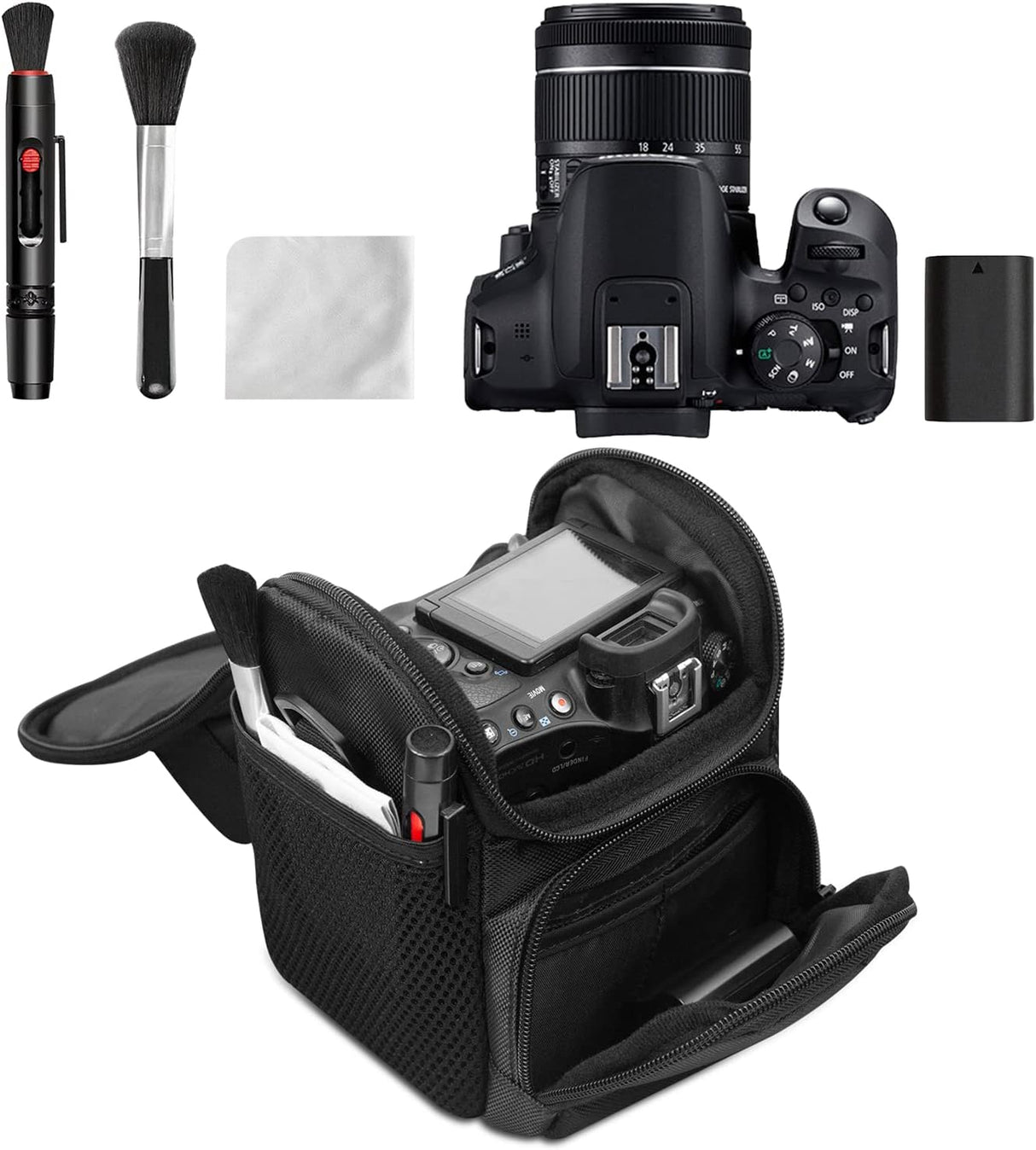 FOSOTO Borsa protettiva per fotocamera DSLR, custodia per fotocamera, borsa a tracolla per Canon EOS 2000D 4000D 90D 6D M50, Nikon D3500 D3200 D7000, Sony Alpha 7IV 6400, Olympus OM-D E-M10 (Nero)