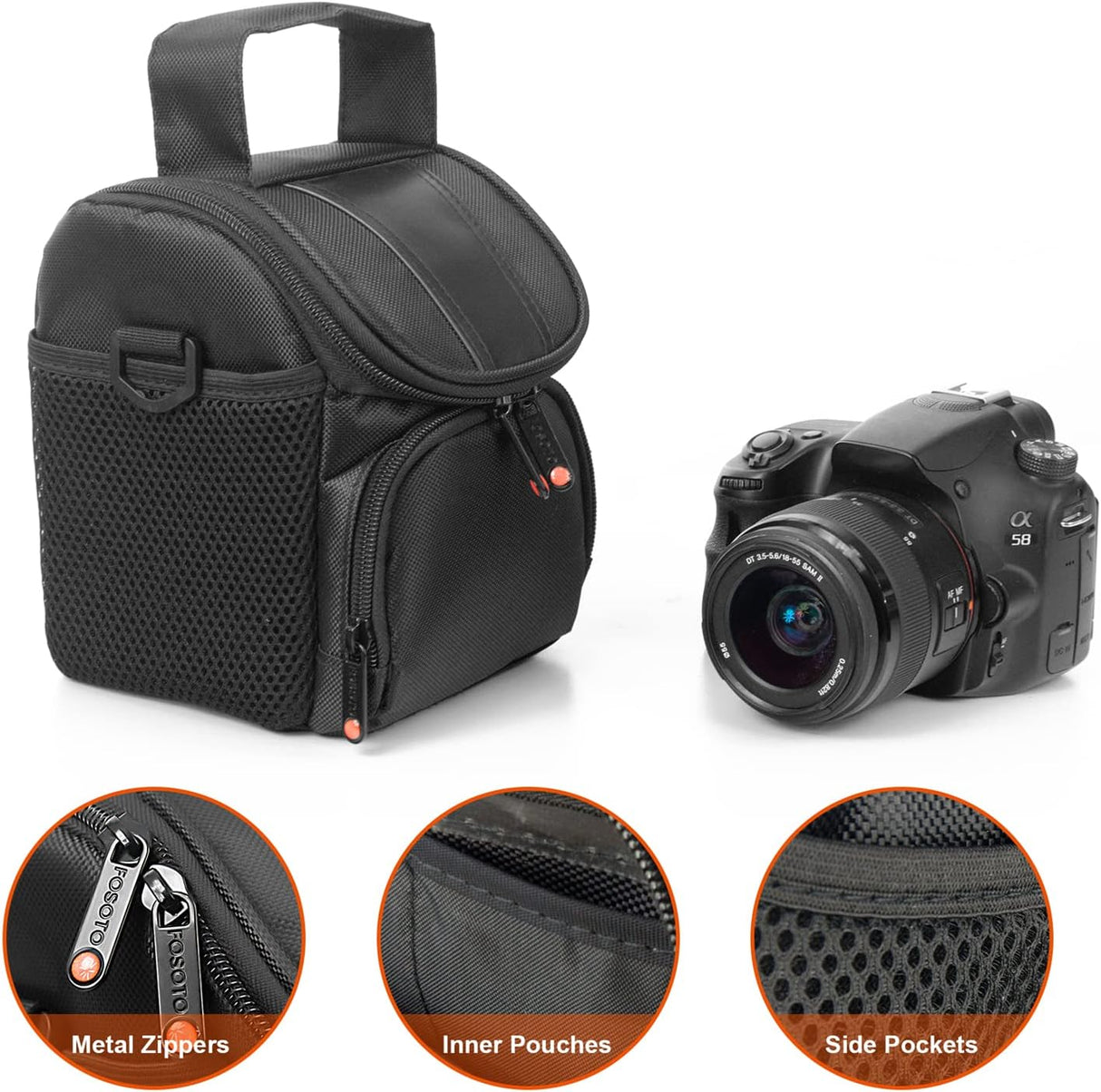FOSOTO Borsa protettiva per fotocamera DSLR, custodia per fotocamera, borsa a tracolla per Canon EOS 2000D 4000D 90D 6D M50, Nikon D3500 D3200 D7000, Sony Alpha 7IV 6400, Olympus OM-D E-M10 (Nero)